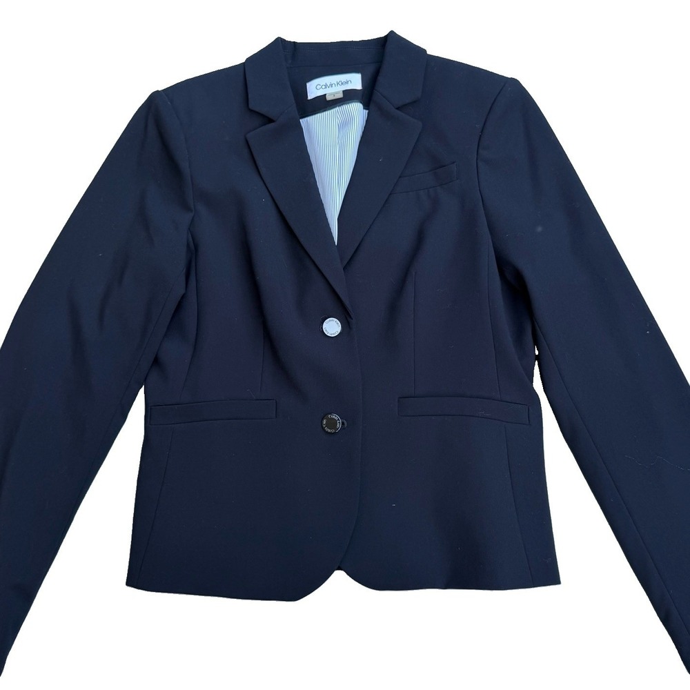 Calvin Klein Navy Blue Blazer Silver Button Front Fully Lined Quiet Luxury Sz 8